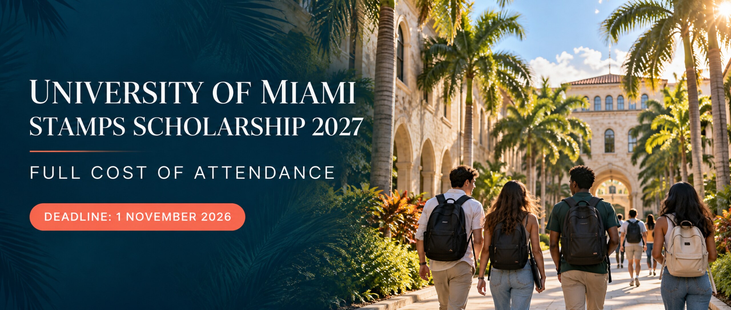 Photo-led editorial artwork showing students on a palm-lined Miami-style campus, with University of Miami Stamps Scholarship 2027 and 1 November 2026 deadline text