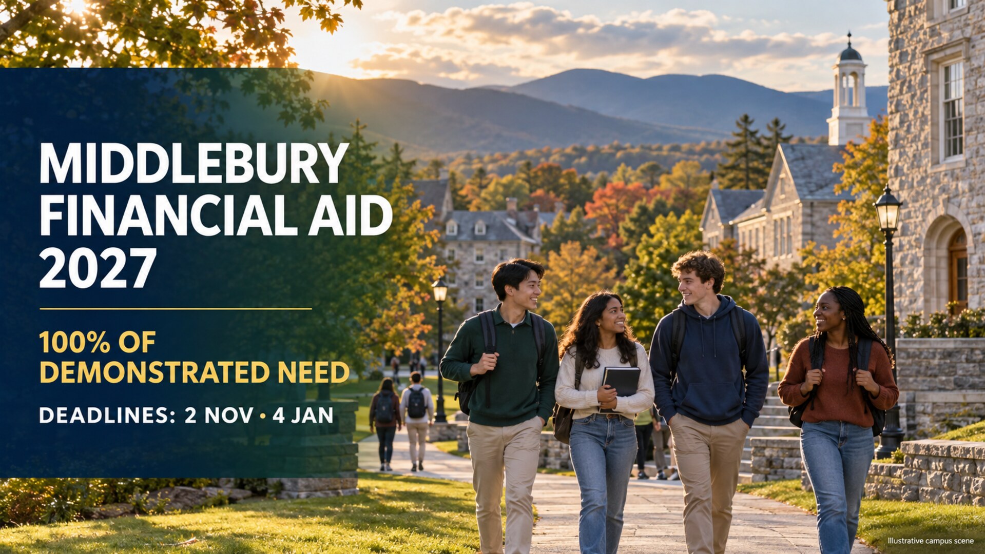 Illustrative Vermont college scene for Middlebury College Financial Aid 2027, showing 100% of demonstrated need and November 2 and January 4 deadlines