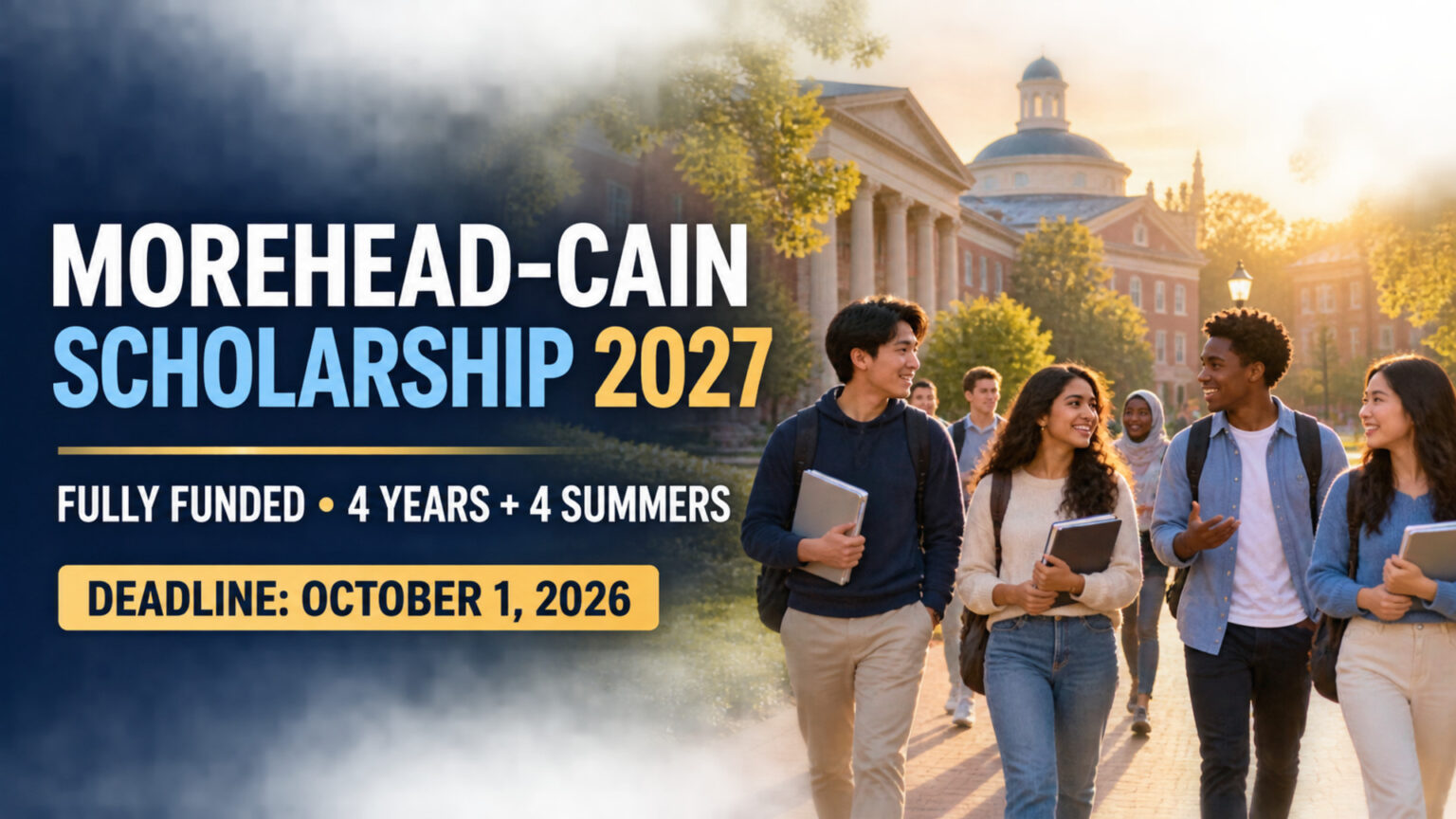 International students walking through an illustrated university campus for the Morehead-Cain Scholarship 2027, fully funded with an October 1, 2026 deadline