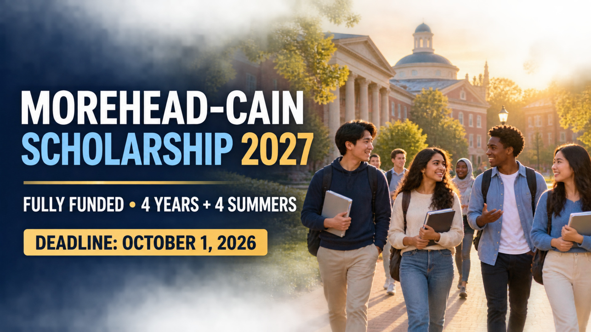 International students walking through an illustrated university campus for the Morehead-Cain Scholarship 2027, fully funded with an October 1, 2026 deadline