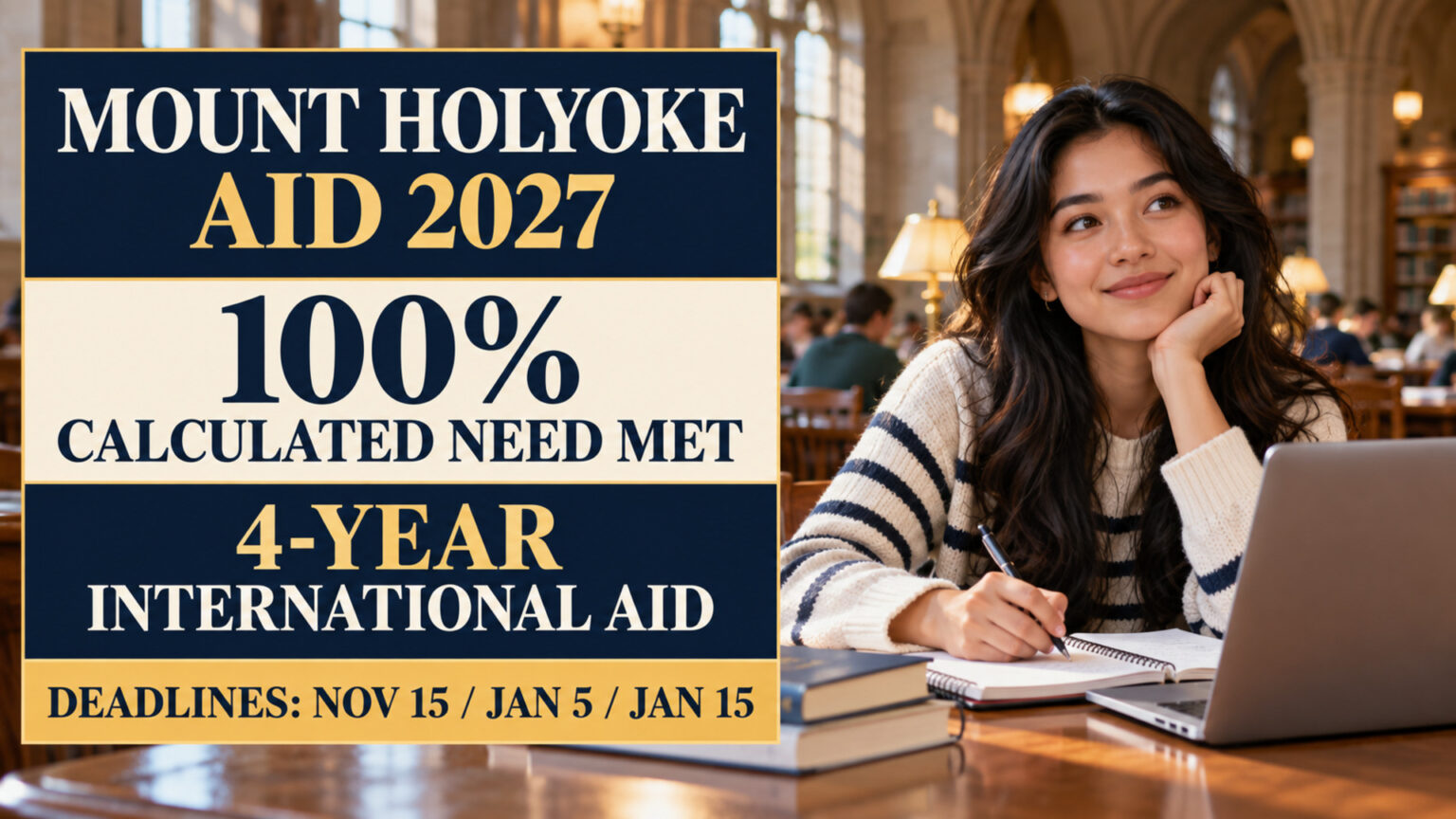 Illustrated international student studying beside Mount Holyoke Aid 2027 funding and deadline details