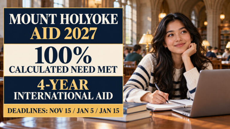 Illustrated international student studying beside Mount Holyoke Aid 2027 funding and deadline details
