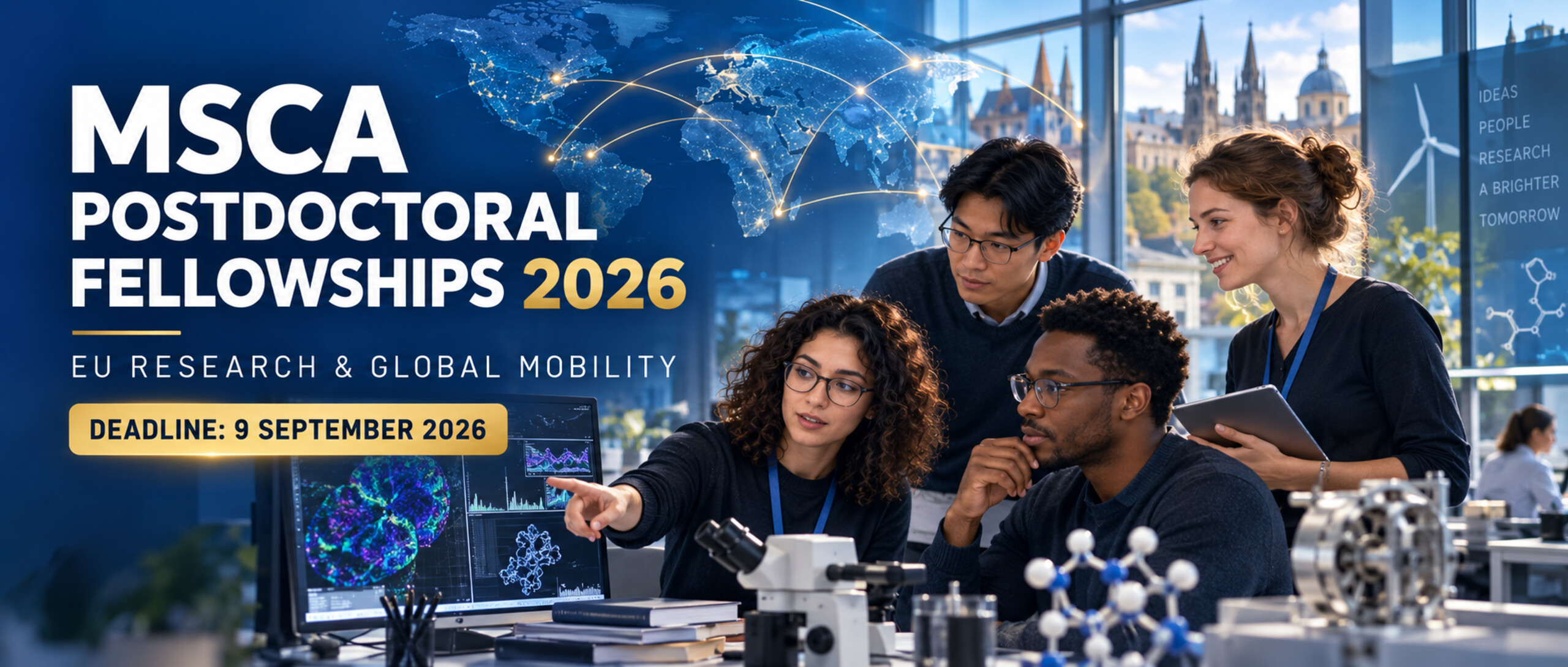 International postdoctoral researchers collaborating in a European laboratory for MSCA Postdoctoral Fellowships 2026, deadline 9 September 2026