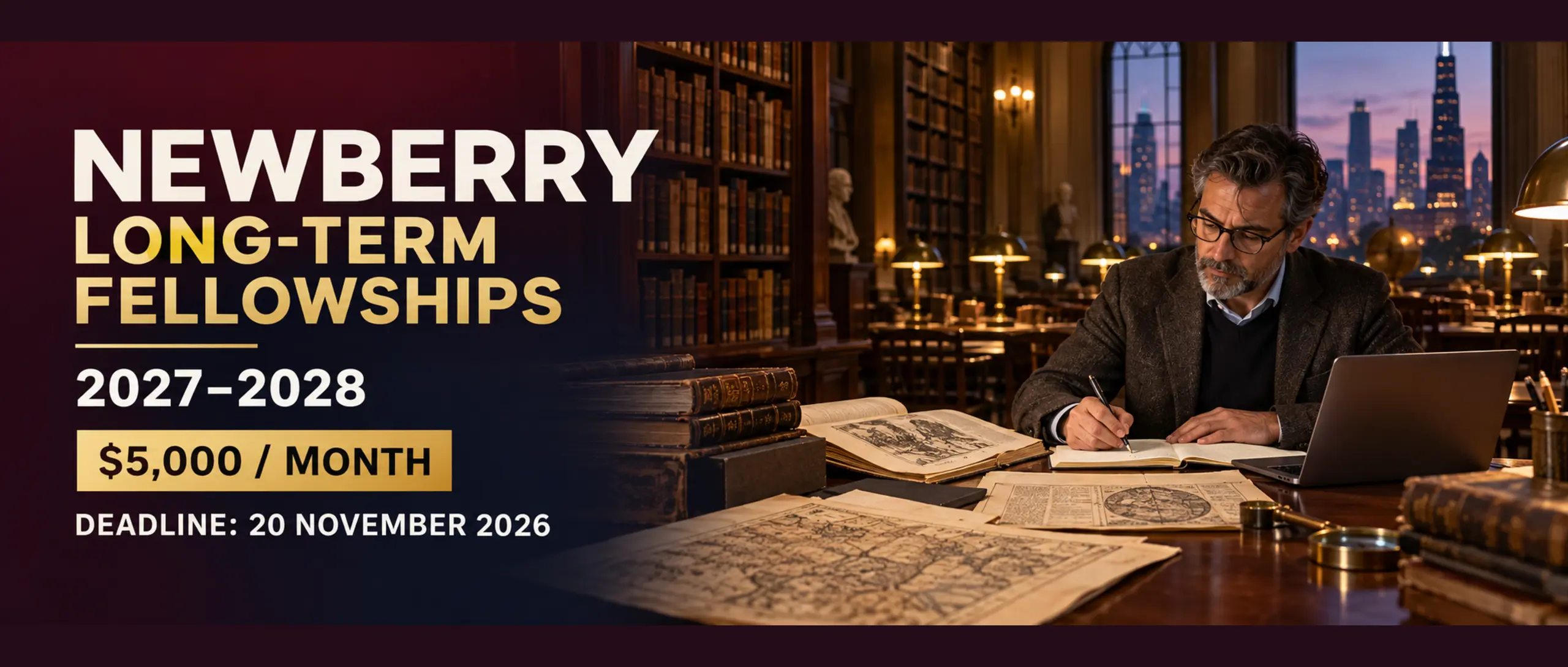 International humanities scholar conducting archival research for the Newberry Long-Term Fellowships 2027–2028, offering $5,000 per month with a 20 November 2026 deadline