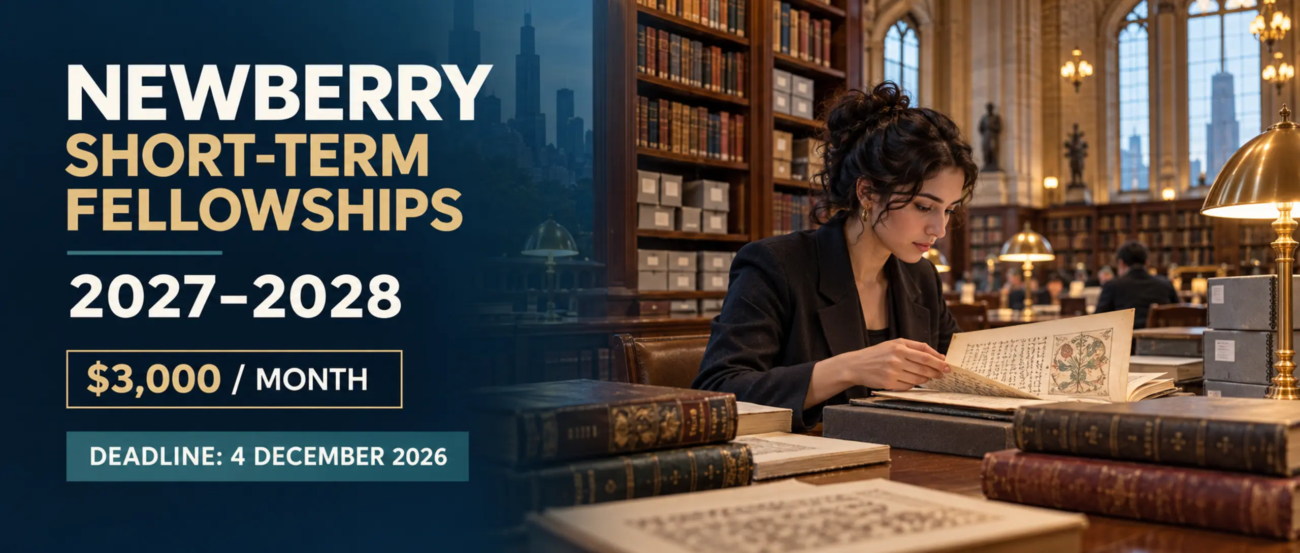 International humanities researcher studying rare manuscripts for the Newberry Short-Term Fellowships 2027–2028, offering $3,000 per month with a 4 December 2026 deadline