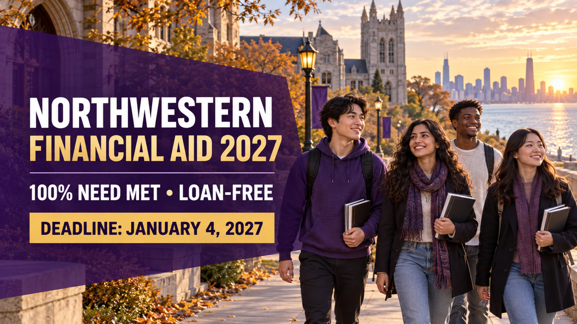 Illustrative banner showing diverse international students with text Northwestern Financial Aid 2027, 100% need met, loan-free, deadline January 4, 2027