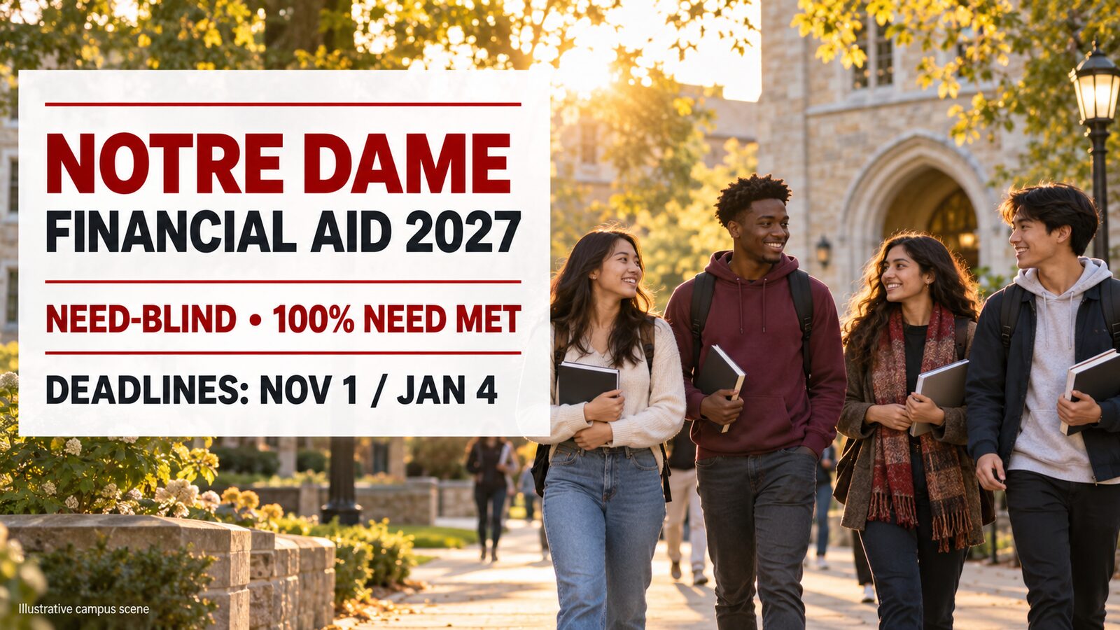 Illustrative international students on a collegiate campus promoting Notre Dame Financial Aid 2027, need-blind admission and 100% need met