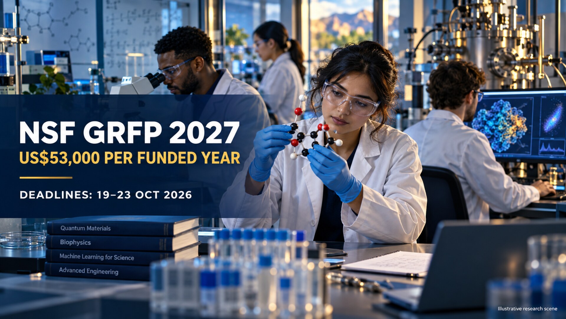 Graduate STEM researchers in an illustrative laboratory scene with text stating NSF GRFP 2027, US$53,000 per funded year, and 19–23 October 2026 deadlines