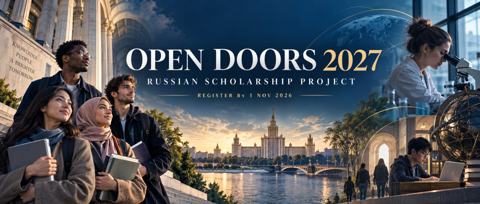 Open Doors 2027 Russian Scholarship Project editorial artwork with international students and 1 November 2026 registration deadline