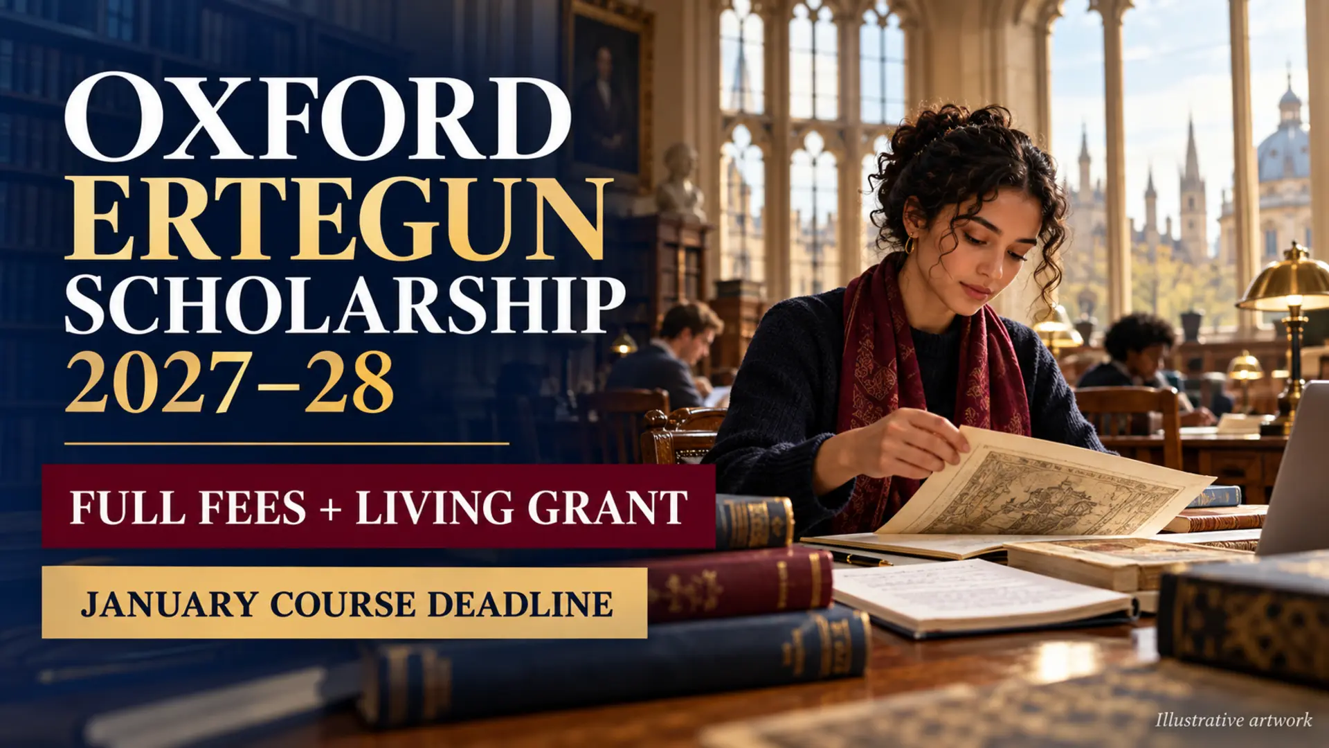 Illustrative artwork for the Oxford Ertegun Graduate Scholarship 2027–28, offering full course fees and a living-cost grant.