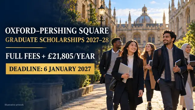 Illustrative artwork for the Oxford-Pershing Square Graduate Scholarships 2027–28 showing funding and deadline