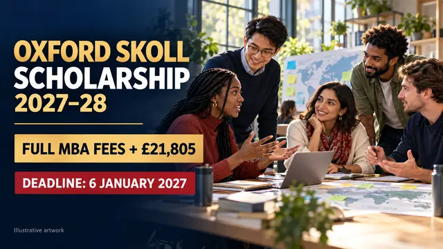 Illustrative artwork of diverse social entrepreneurs collaborating for the Oxford Skoll Scholarship 2027–28, covering full MBA fees and at least £21,805 in living costs.