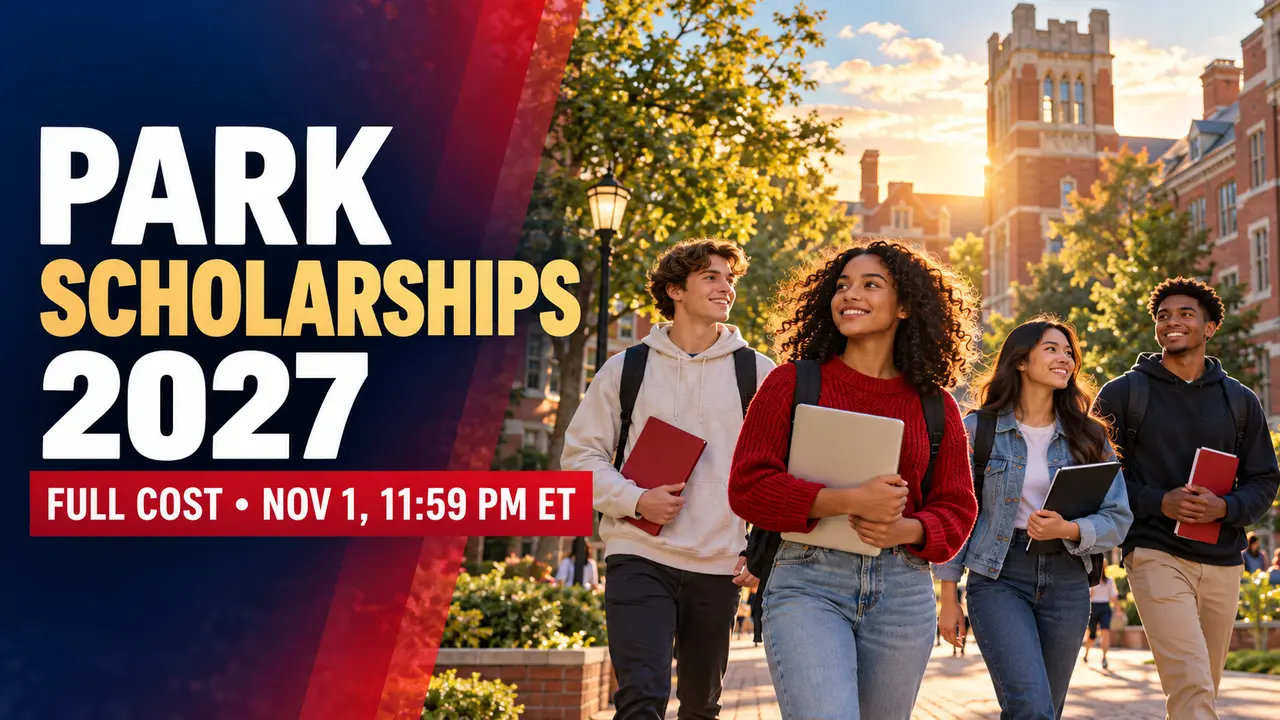 Illustrated students on a university quad with Park Scholarships 2027, full cost and November 1 deadline text