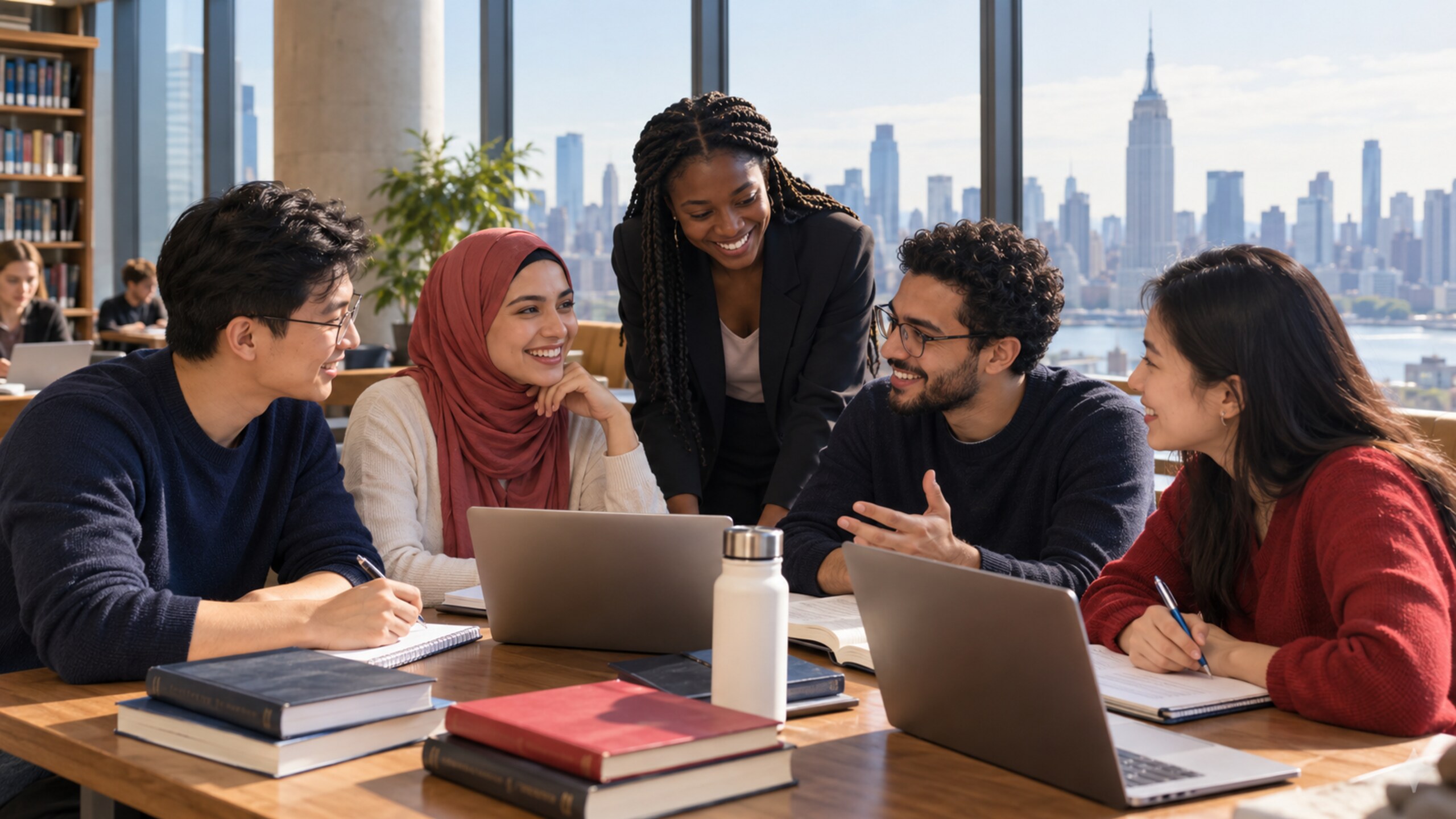 Diverse graduate students collaborating in New York City for the Paul and Daisy Soros Fellowships for New Americans 2027