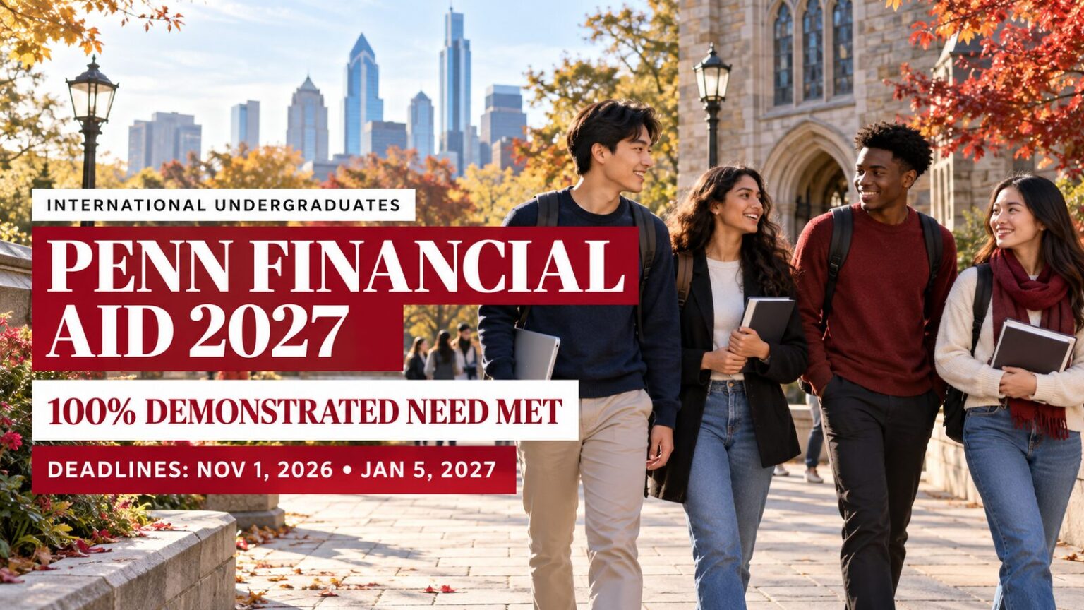 Illustrative international students in an urban university courtyard with Penn Financial Aid 2027 deadlines and 100% demonstrated need met