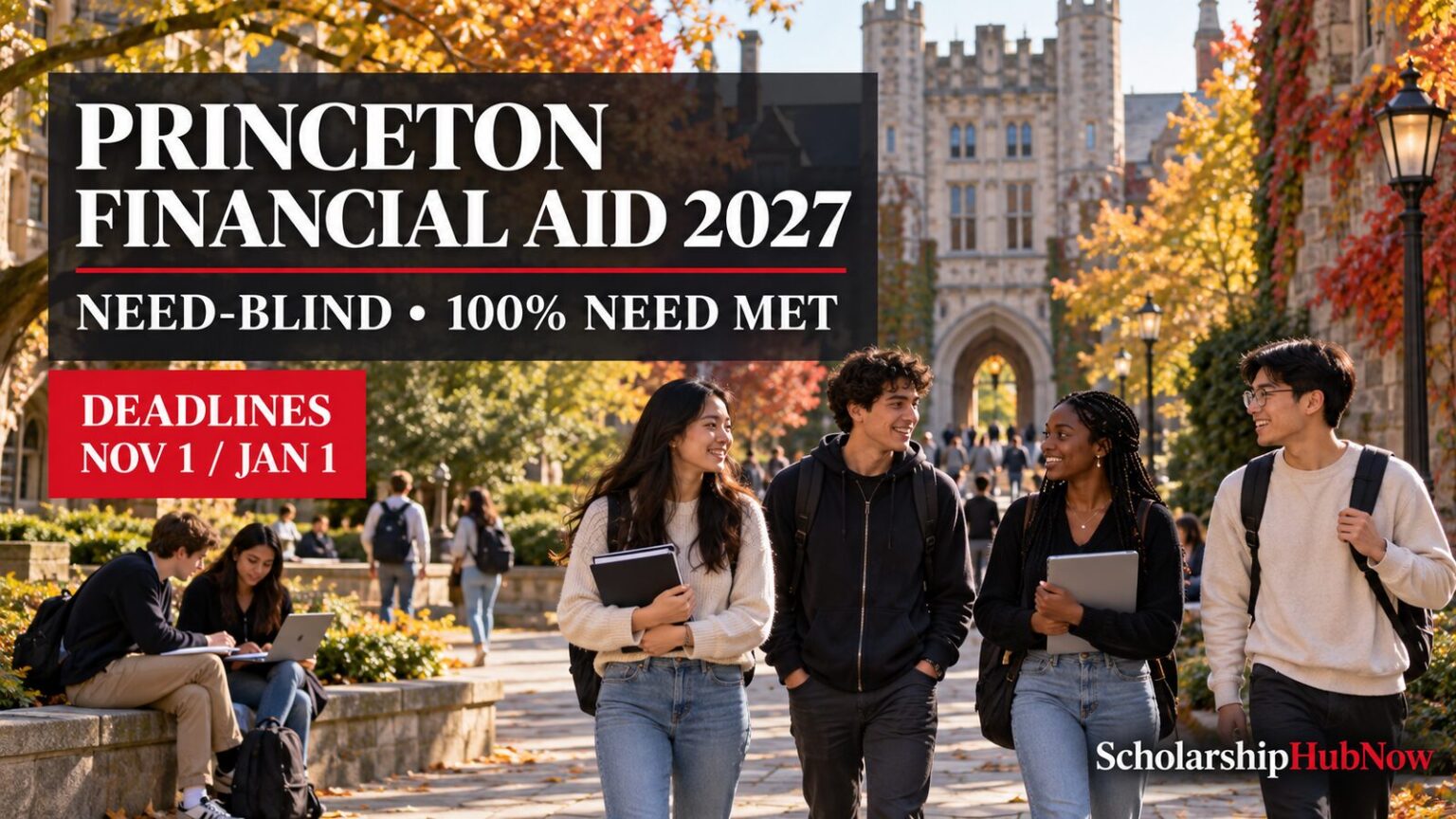 Illustrative international students at a generic university campus with Princeton Financial Aid 2027, 100% need met and November 1 / January 1 deadlines
