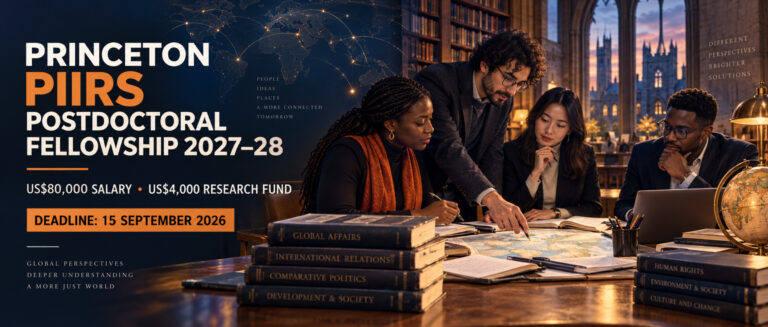 International social-science researchers collaborating in an academic library for the Princeton PIIRS Postdoctoral Fellowship 2027–28