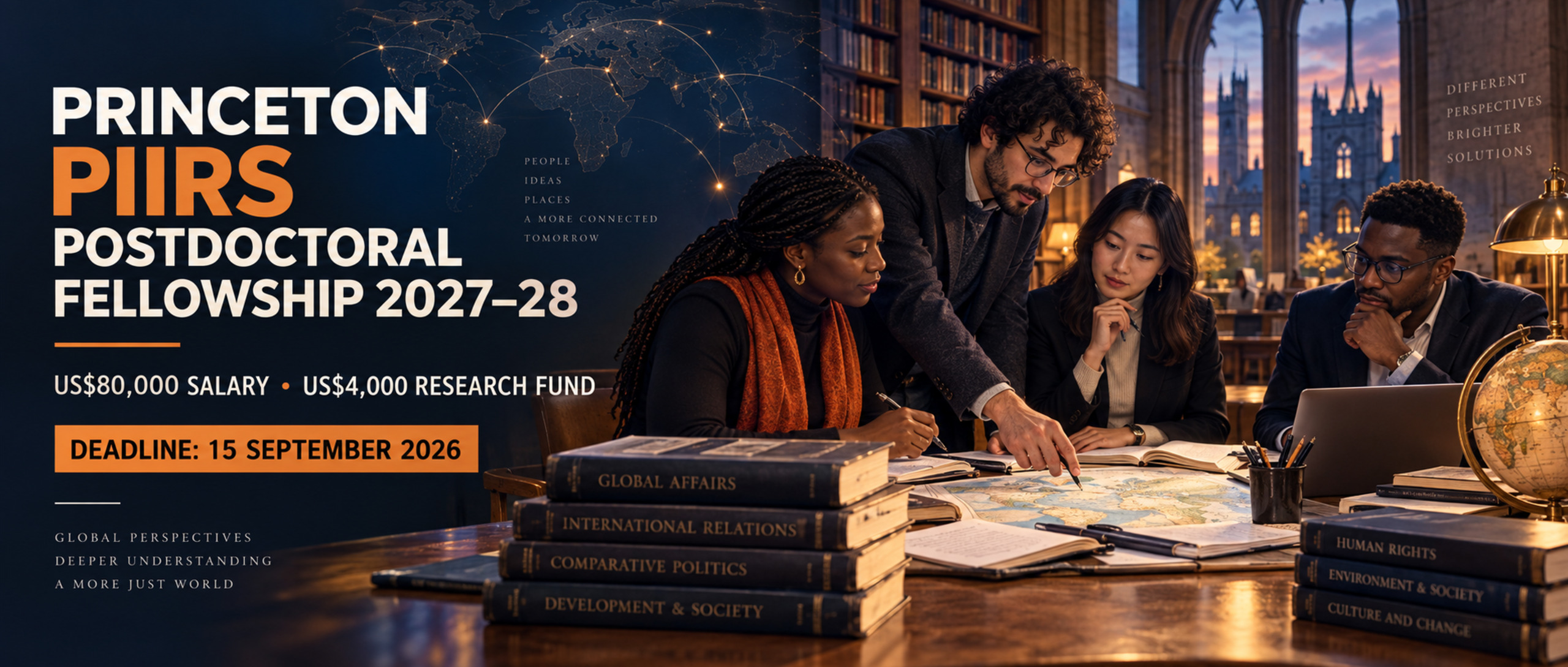 International social-science researchers collaborating in an academic library for the Princeton PIIRS Postdoctoral Fellowship 2027–28
