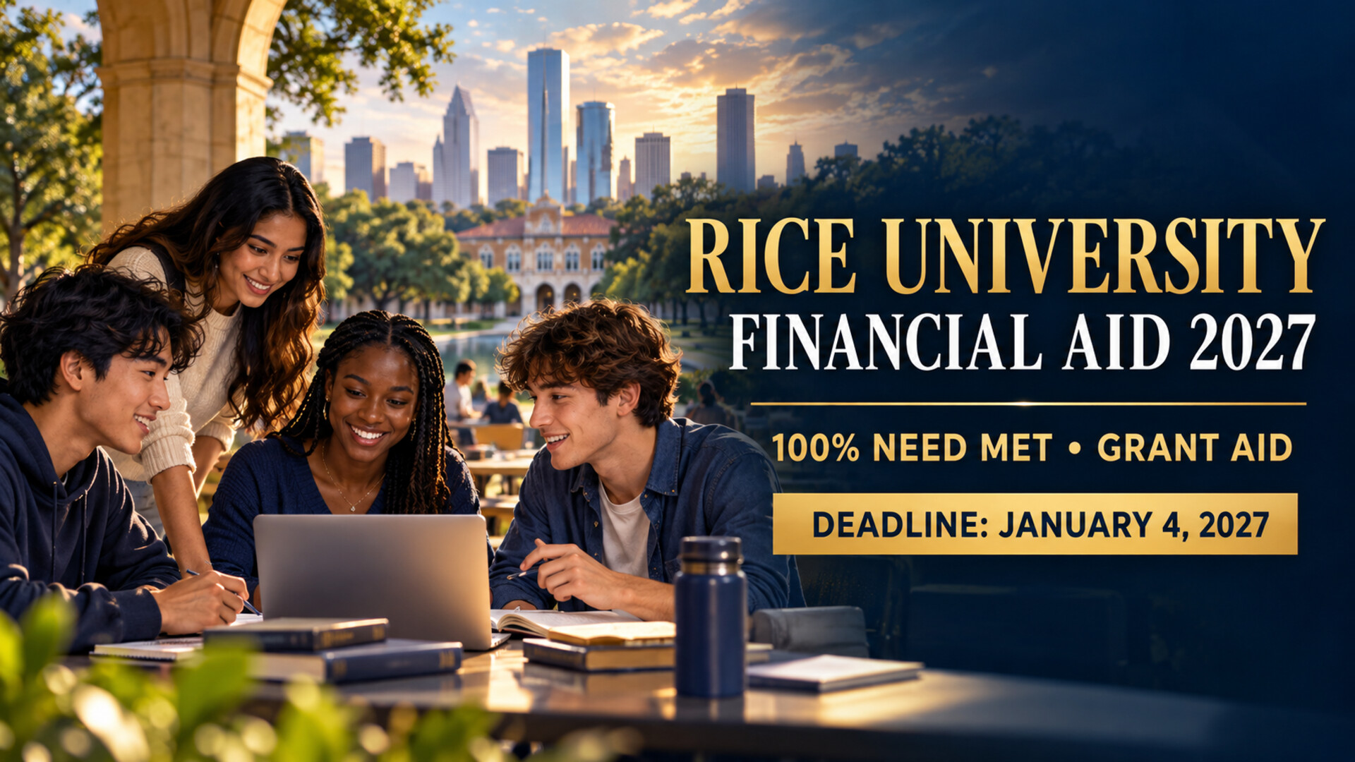 Illustrative international students with Rice University Financial Aid 2027, 100% need met and January 4 deadline text