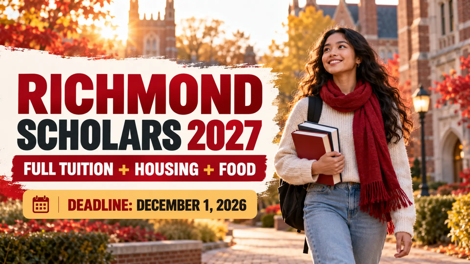 Illustrative student on a fictional autumn university campus beside text reading Richmond Scholars 2027, full tuition plus housing and food, deadline December 1, 2026