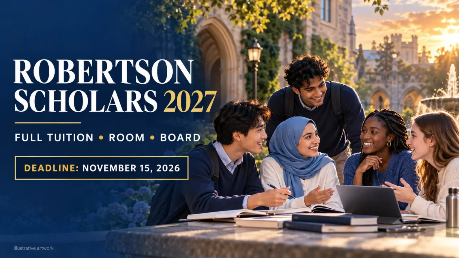 Illustrative students collaborating with text for Robertson Scholars 2027, full tuition, room and board, deadline November 15, 2026