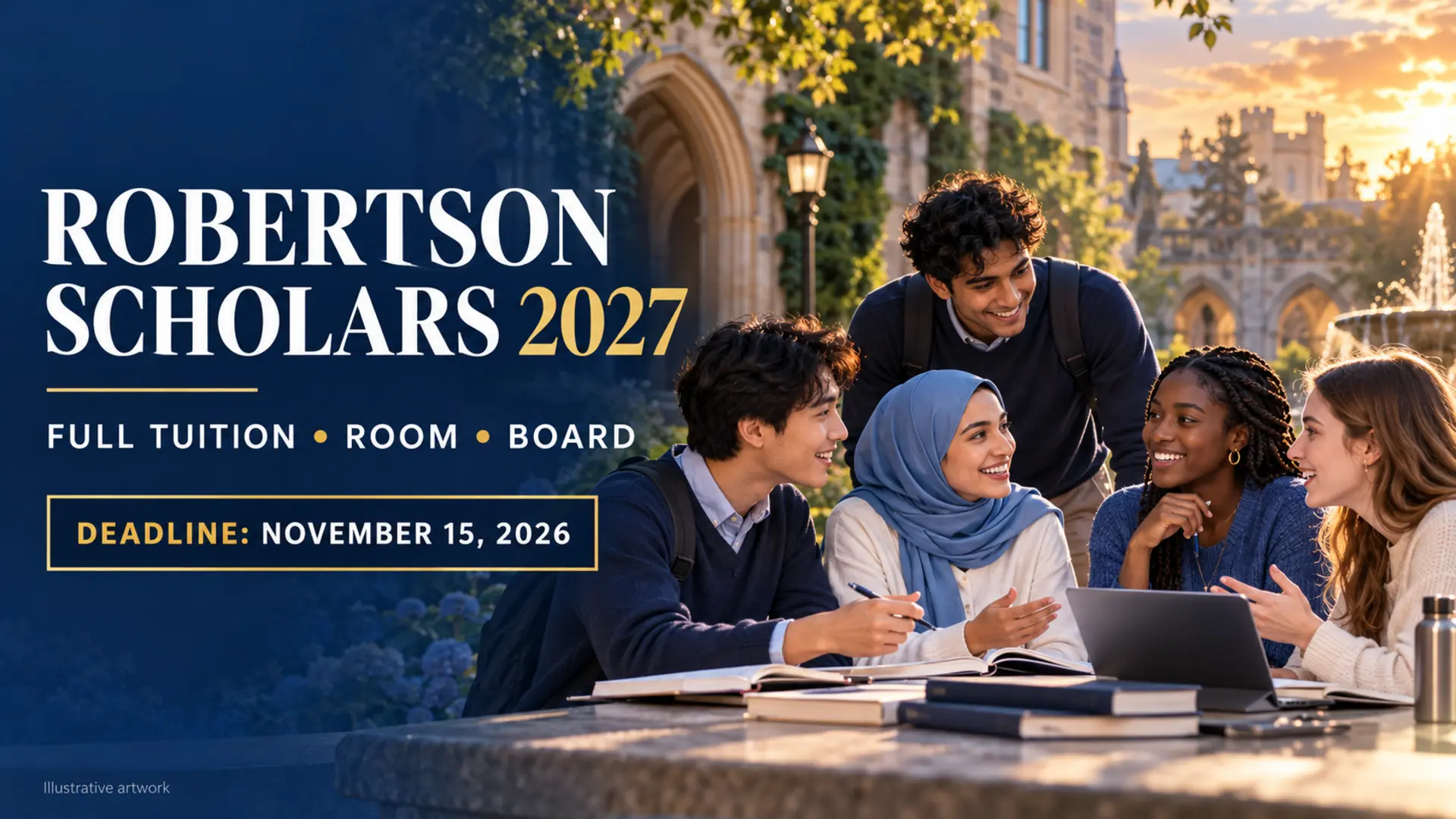 Illustrative students collaborating with text for Robertson Scholars 2027, full tuition, room and board, deadline November 15, 2026