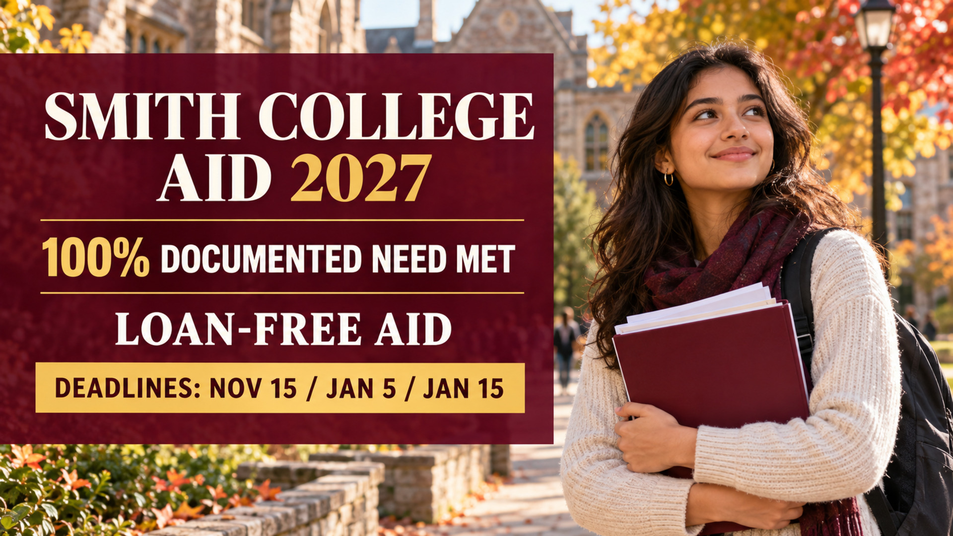 Illustrated international woman student beside Smith College Aid 2027 funding and deadline information