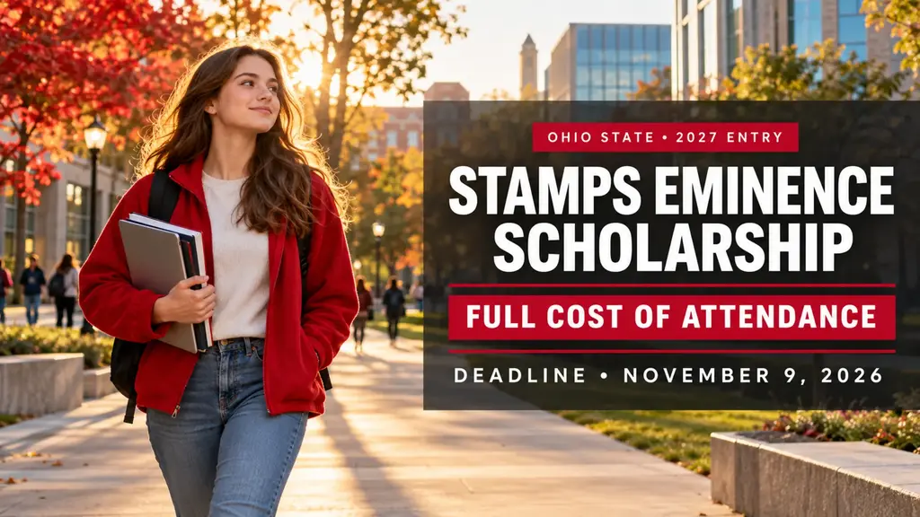 Illustrative student on a university path beside text reading Stamps Eminence Scholarship, full cost of attendance, deadline November 9, 2026