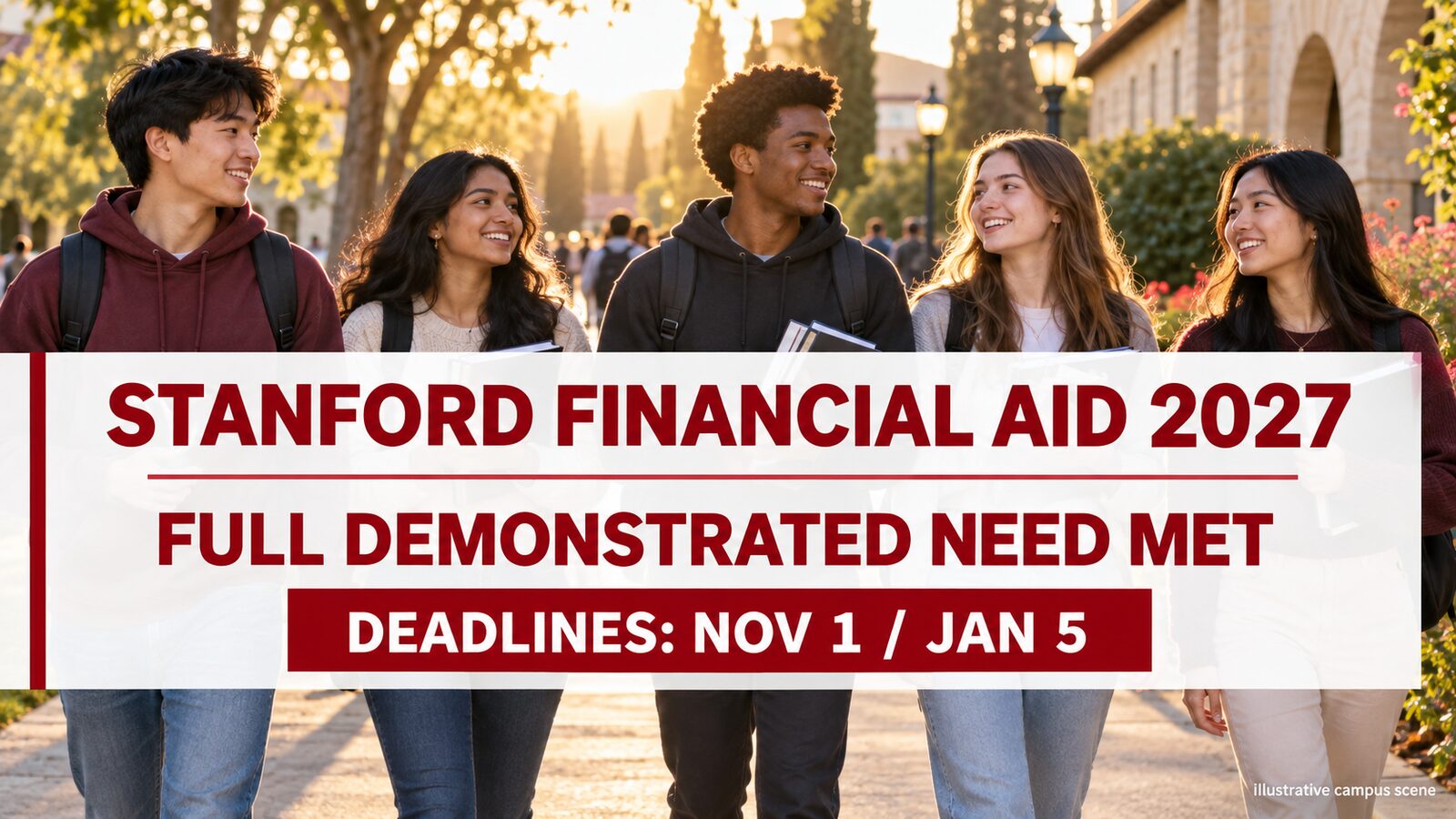 Illustrative international students on a collegiate campus promoting Stanford Financial Aid 2027 and full demonstrated need funding