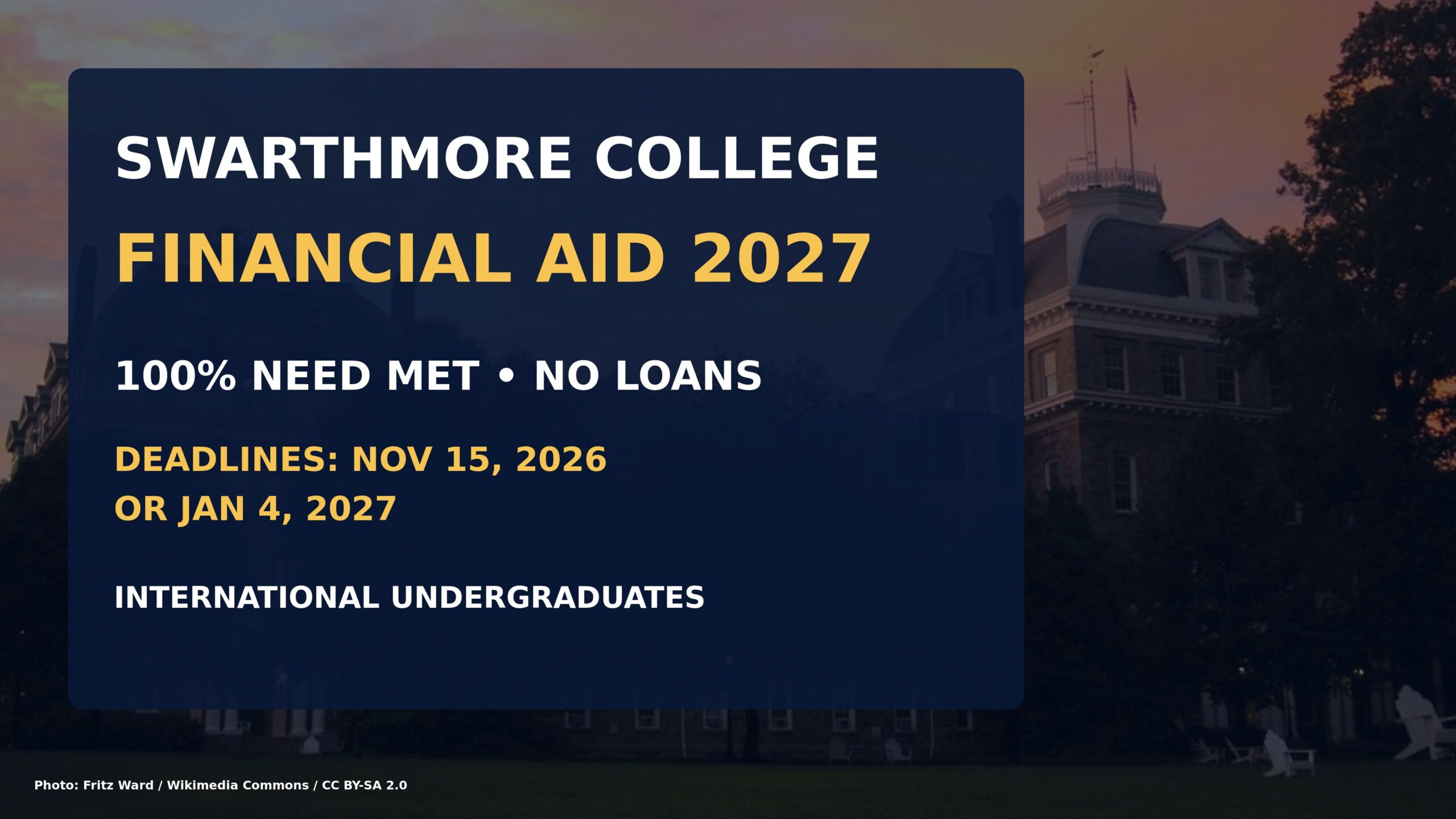 Swarthmore College Financial Aid 2027: 100% need met with no loans; deadlines November 15, 2026 or January 4, 2027