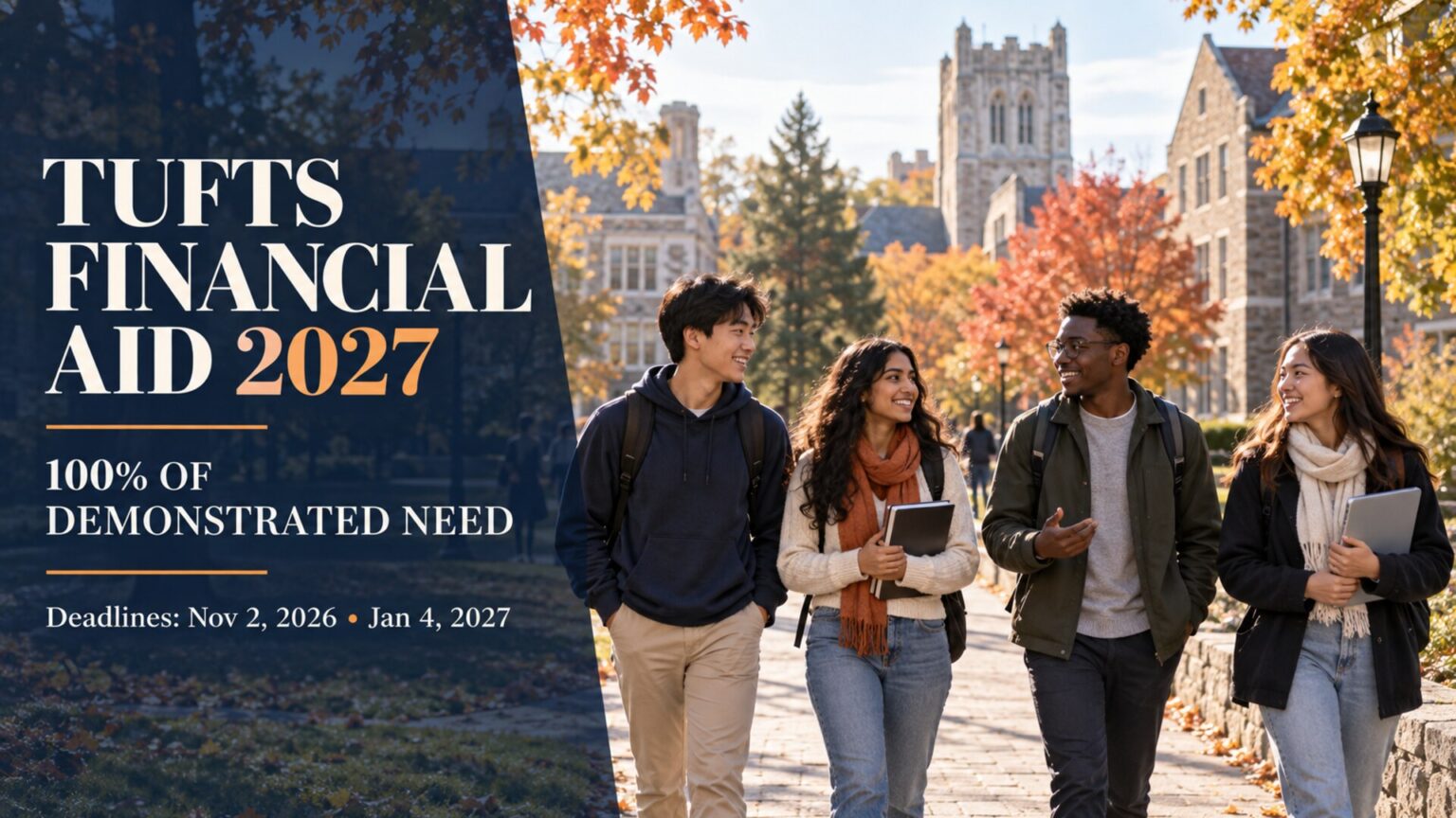 Illustrative scene of international students with Tufts Financial Aid 2027 funding and deadline text