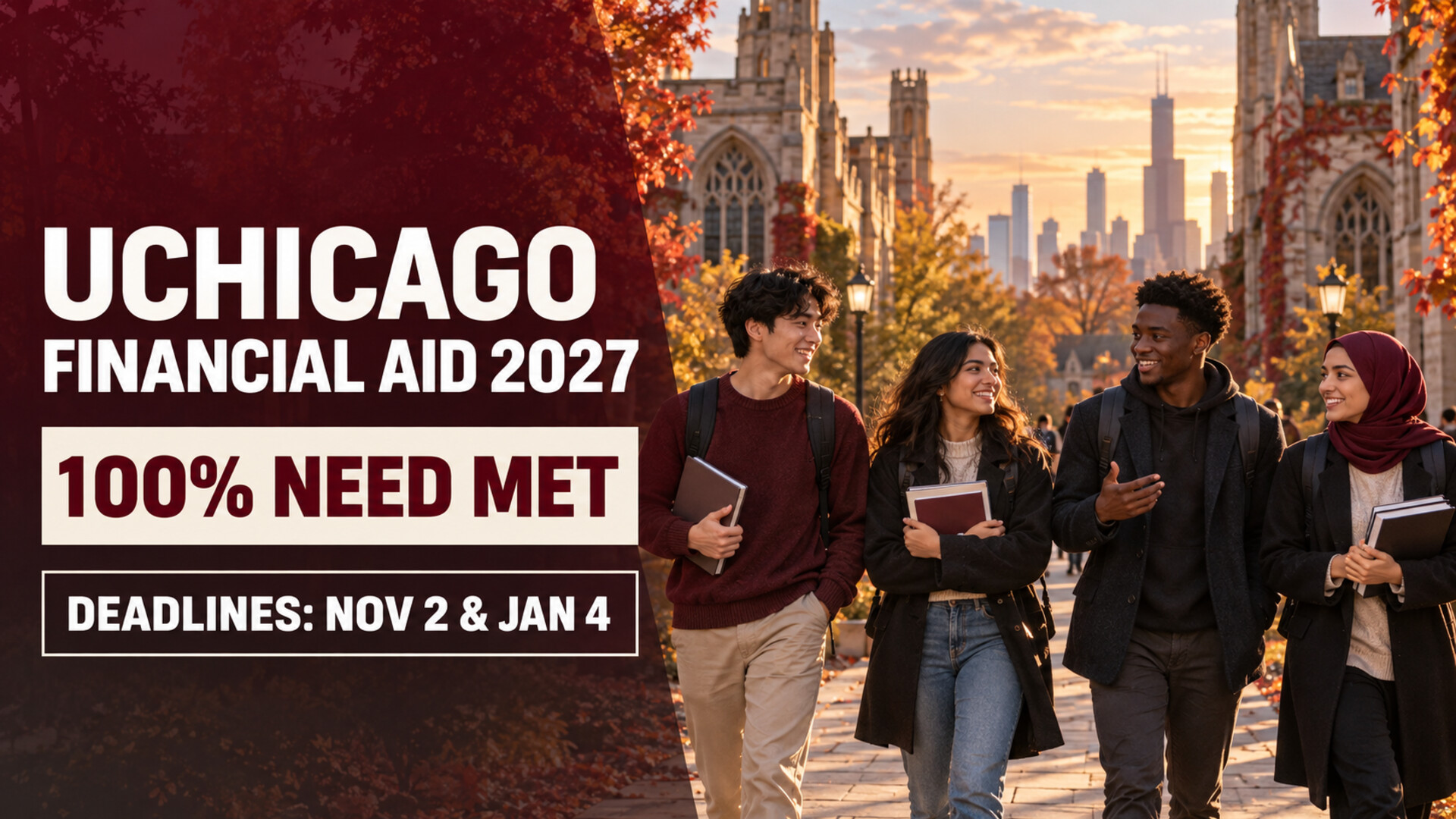 International undergraduate students in an illustrative Chicago academic setting with UChicago Financial Aid 2027, 100% need met, and November 2 and January 4 deadlines