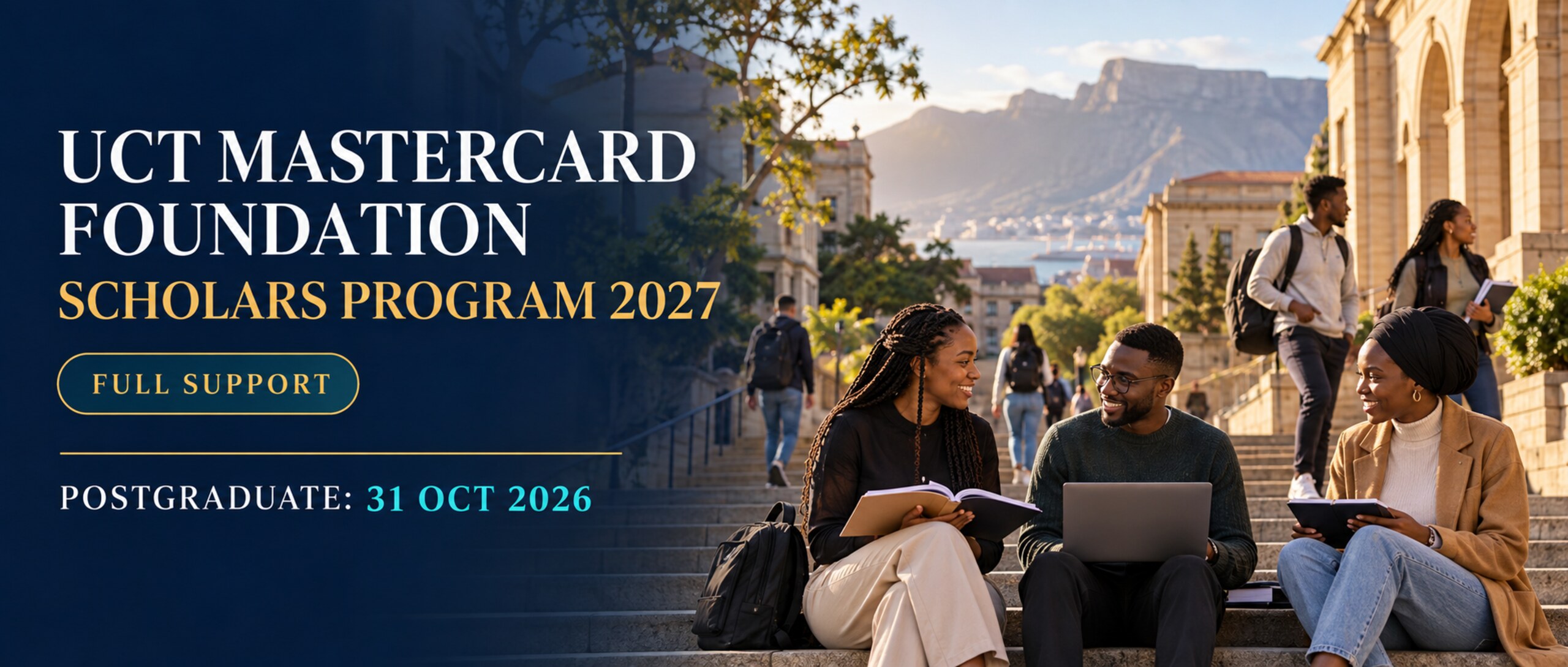 Illustrative Cape Town university scene with African students and UCT Mastercard Foundation Scholars Program 2027 postgraduate deadline 31 October 2026