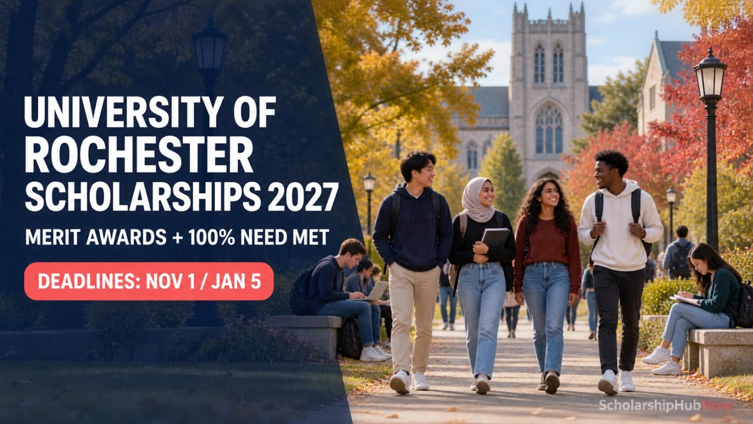 Illustrative University of Rochester Scholarships 2027 banner showing international students, merit awards, full demonstrated-need aid and November 1 and January 5 deadlines