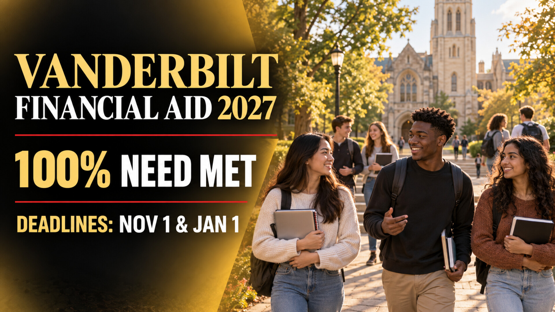 International students in an illustrative Nashville university setting with Vanderbilt Financial Aid 2027, 100% need met, and November 1 and January 1 deadlines