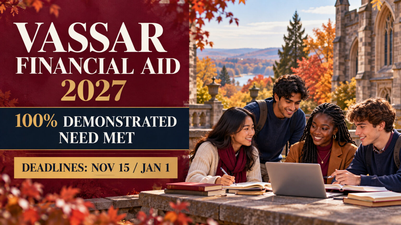Illustrated international students with Vassar Financial Aid 2027 funding and deadlines