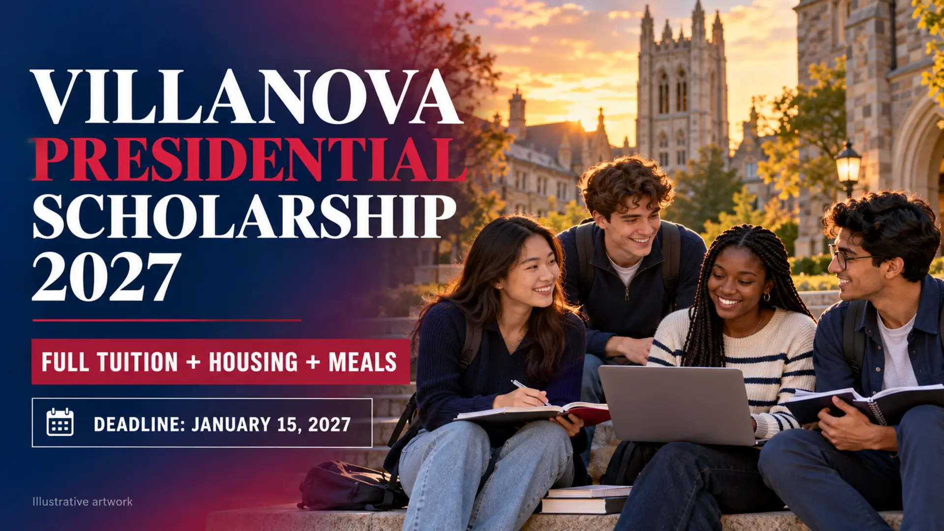 Illustrative artwork of international students for the Villanova Presidential Scholarship 2027, covering tuition, housing and meals.