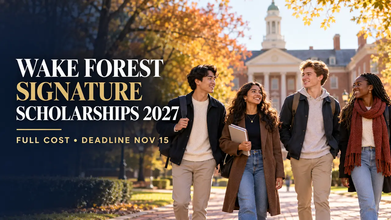 Illustrated international students with text Wake Forest Signature Scholarships 2027, full cost, deadline November 15