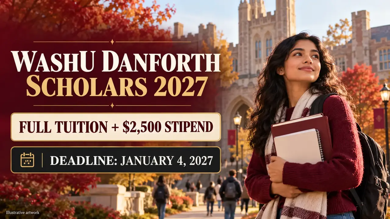 Illustrative international student at a fictional US university for WashU Danforth Scholars 2027, full tuition plus $2,500 stipend, deadline January 4, 2027