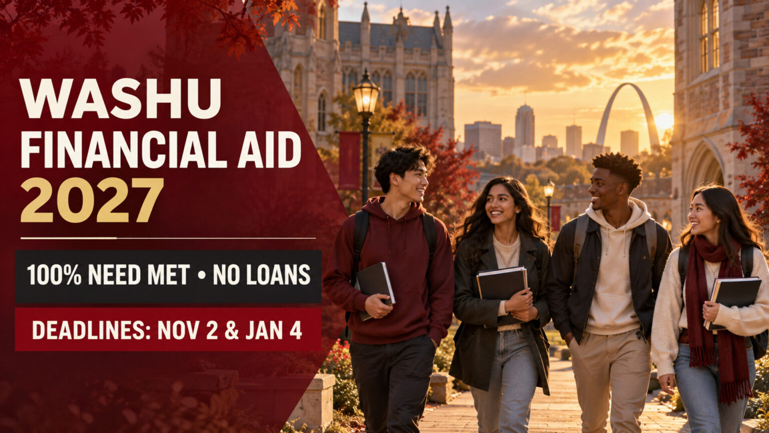 International undergraduate students in an illustrative St. Louis academic setting with WashU Financial Aid 2027, 100% need met without loans, and November 2 and January 4 deadlines