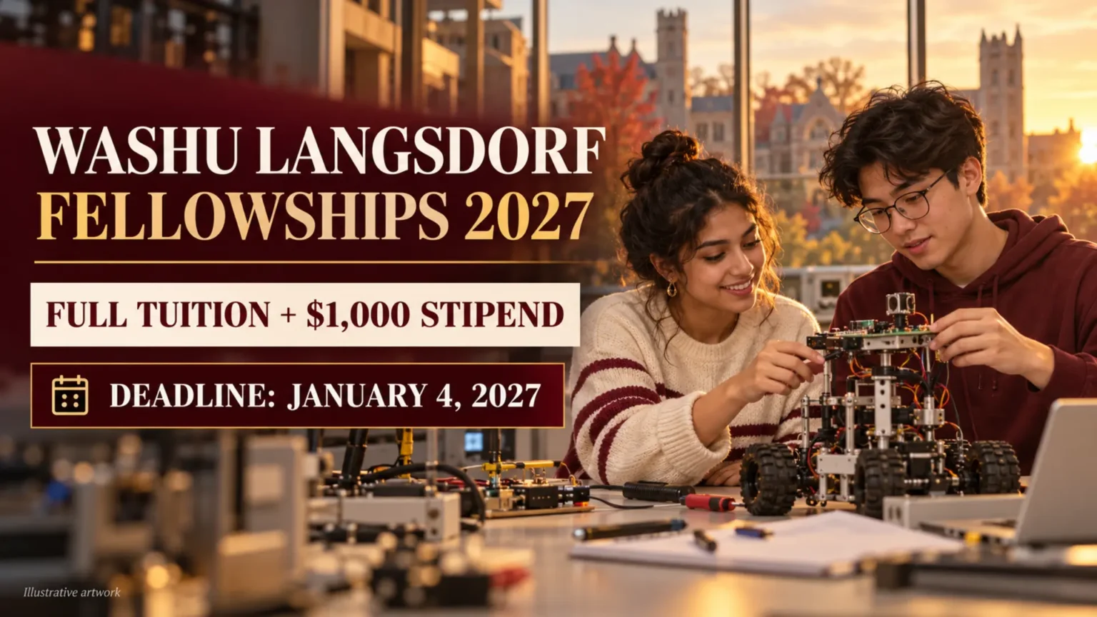 Illustrative engineering students with text for WashU Langsdorf Fellowships 2027, full tuition plus $1,000 stipend, deadline January 4, 2027