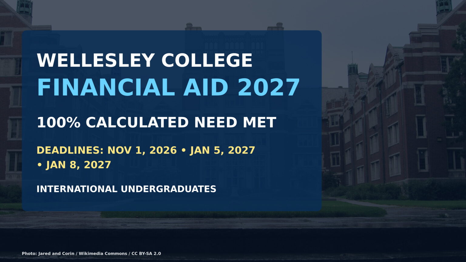 Tower Court at Wellesley College with text summarizing 100% calculated need met and the 2027 application deadlines