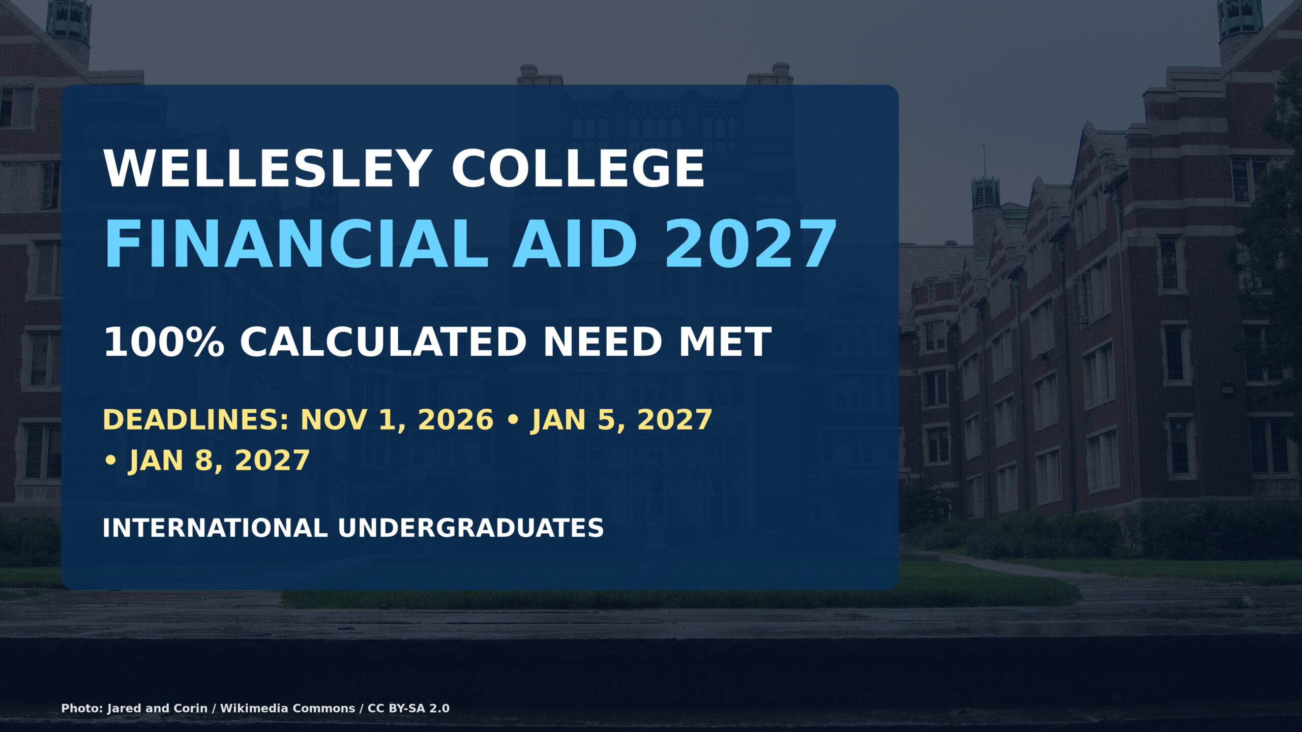 Tower Court at Wellesley College with text summarizing 100% calculated need met and the 2027 application deadlines