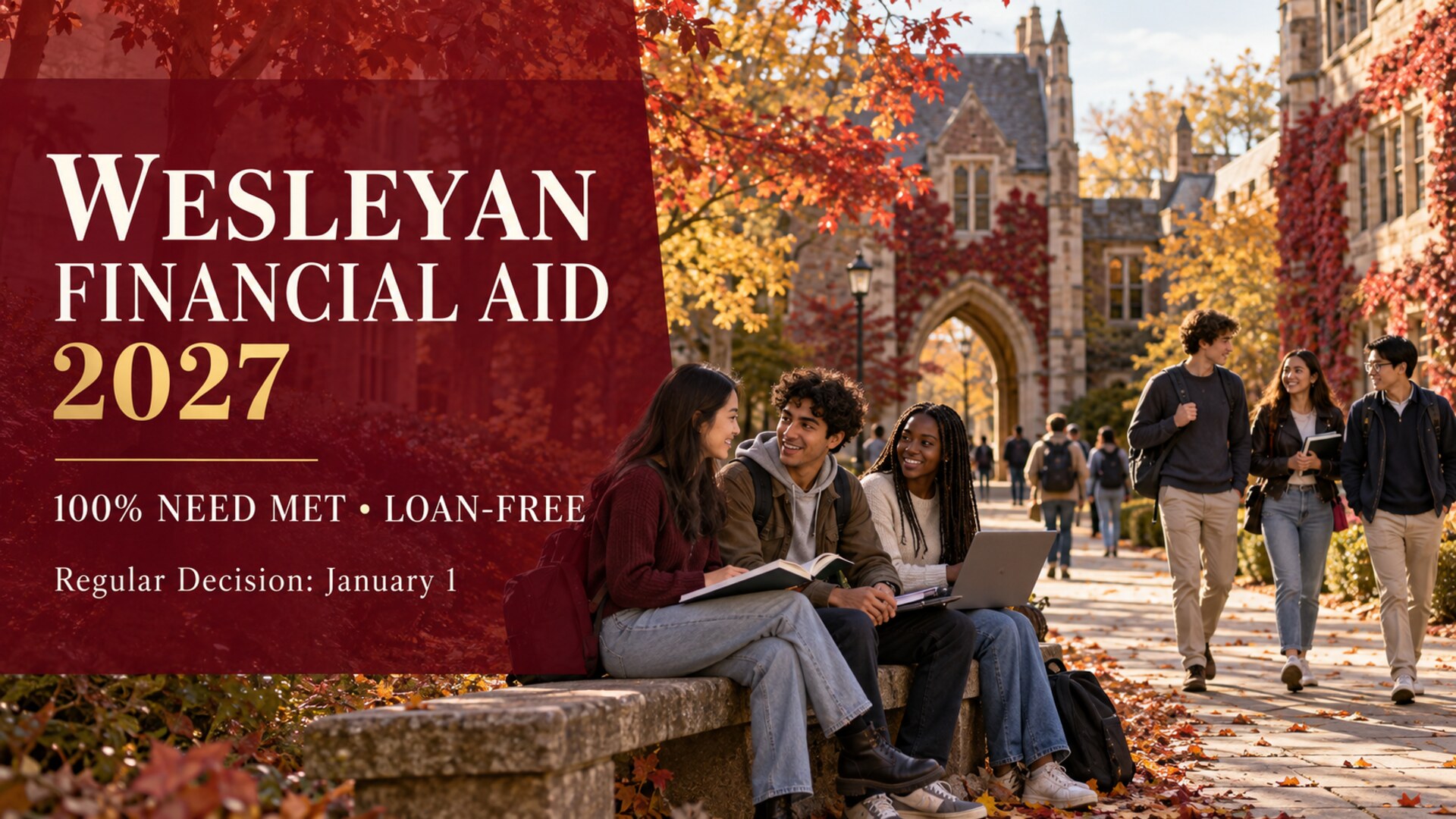 Illustrative international students beside text for Wesleyan Financial Aid 2027, 100% need met and loan-free