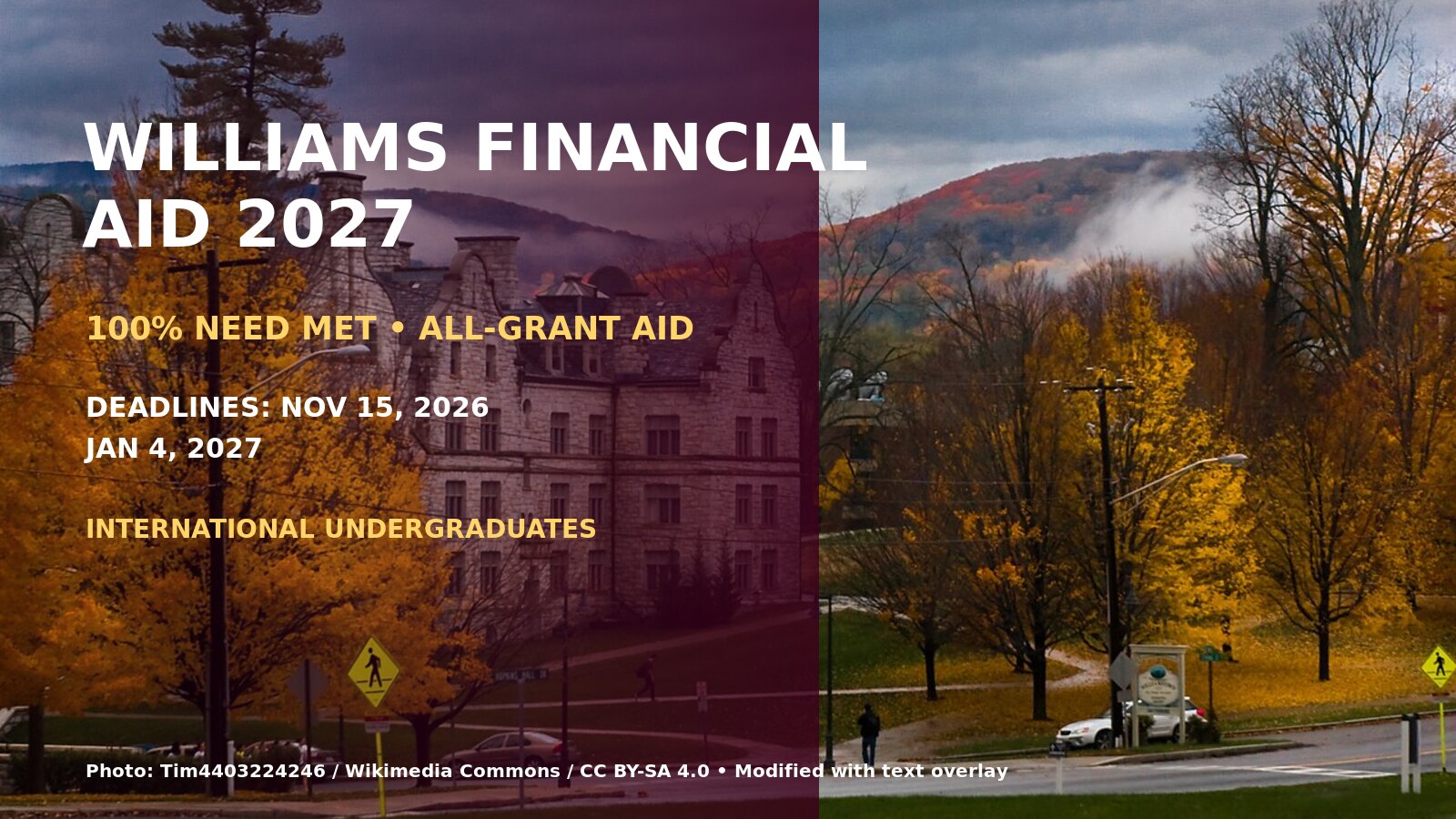 Morgan Hall at Williams College in autumn with Williams Financial Aid 2027 all-grant aid and deadline text