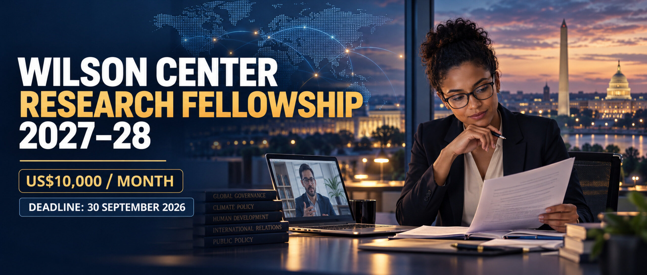 Policy researcher working remotely with a Washington backdrop for the Wilson Center Research Fellowship 2027–28