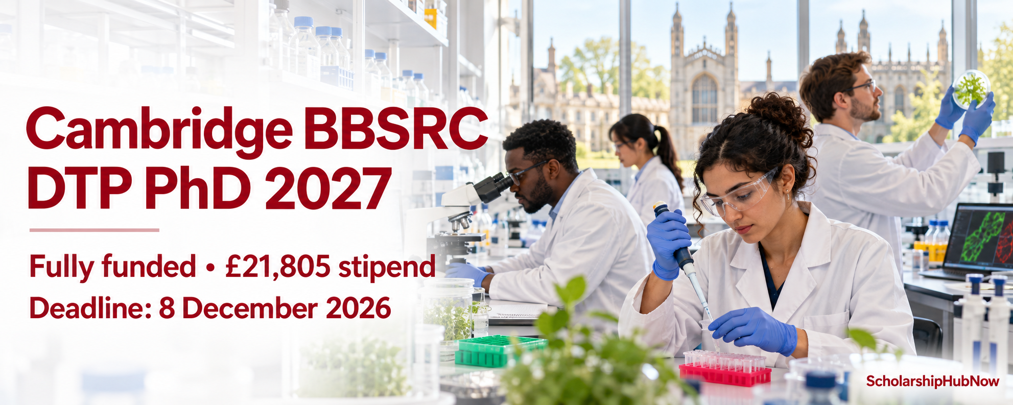Illustrative bioscience researchers in a Cambridge laboratory; Cambridge BBSRC DTP PhD 2027 funding and deadline