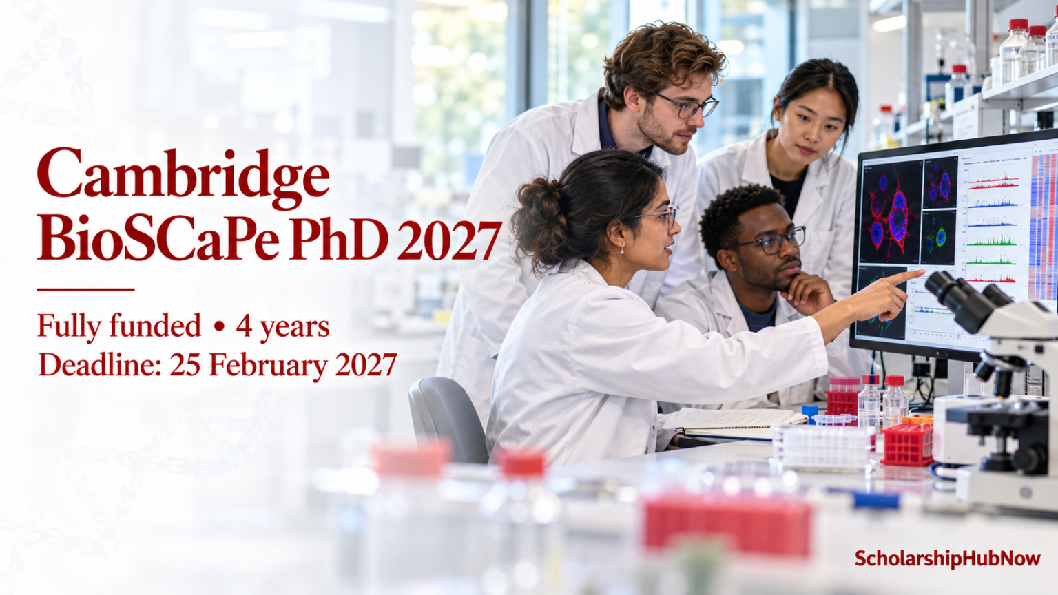 Bioscience researchers reviewing microscopy data for Cambridge BioSCaPe PhD 2027