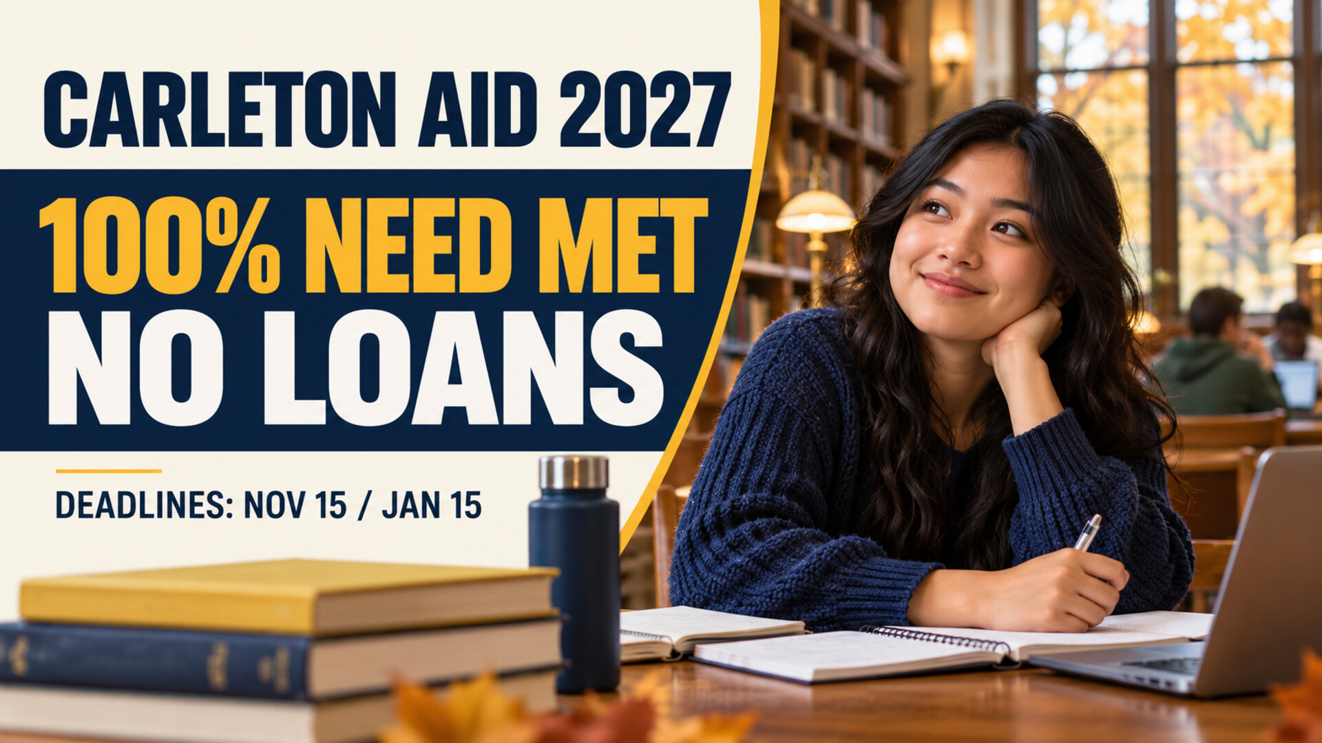 Illustrated international student beside Carleton Aid 2027 no-loan funding and deadline details