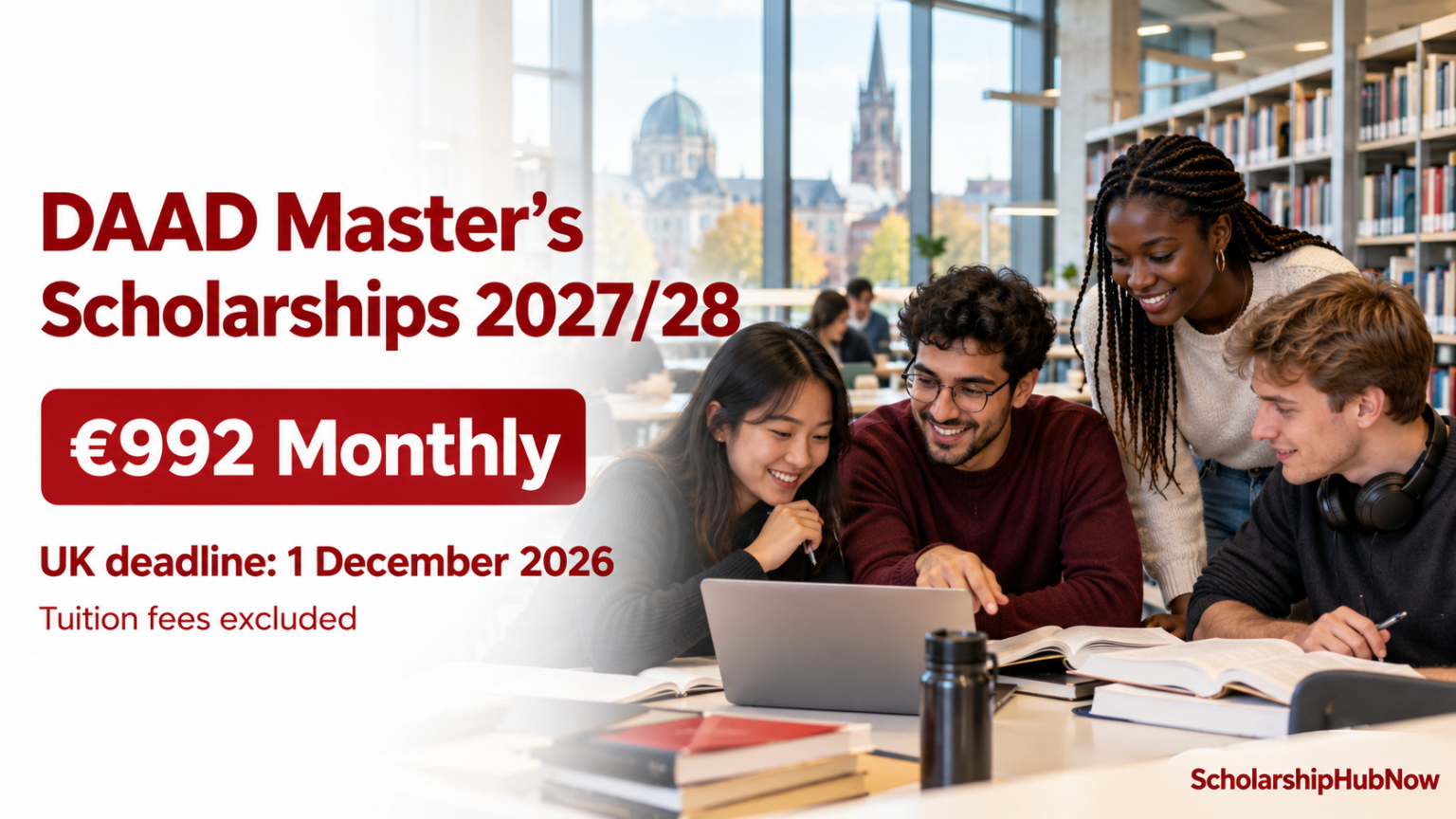 Illustrative graduate students in a German university library; DAAD master’s scholarships with €992 monthly and UK deadline 1 December 2026